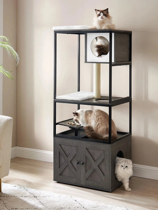 Scratching post with cat litter box &amp; feeding area – The all-round feel-good house