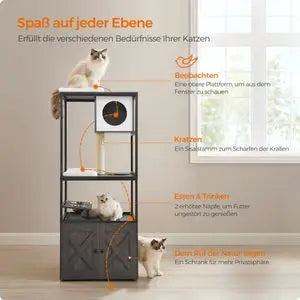 Kratzbaum mit Katzen-WC & Futterplatz – Das Rundum-Wohlfühlhaus